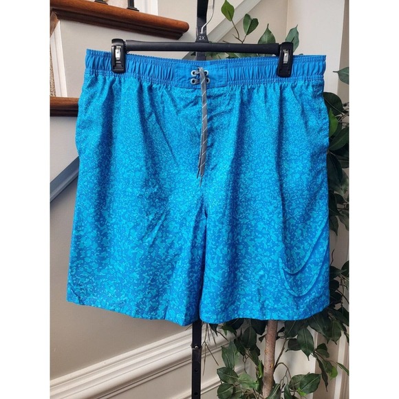 Nike Men's Blue 100% Polyester Pull On Swim Trunk Logo Print Shorts Size 2XL - Picture 12 of 12